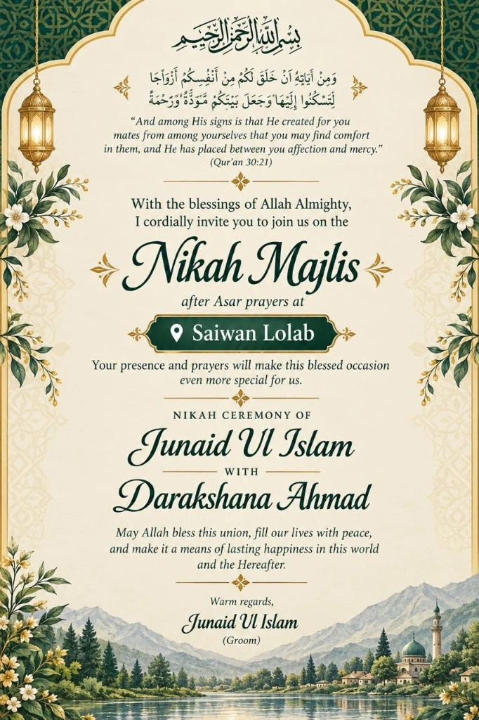 Nikah Invitation - Junaid Ul Islam & Darakshana Ahmad